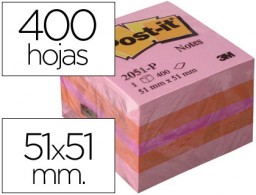 Bloc cubo de 400 notas adhesivas quita y pon Post-it 51x51mm. color rosa